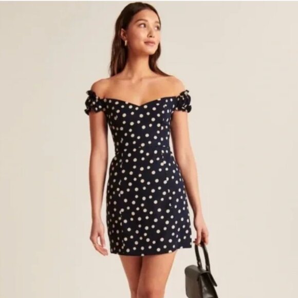 Abercrombie & Fitch Navy Polka Dot Linen Mini Dress - Size Large - Picture 1 of 10